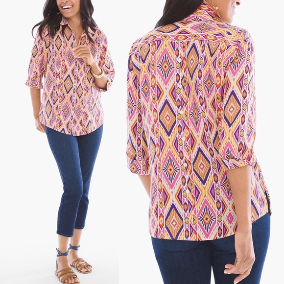 Chico’s Ikat Linen Button-Back Shirt No Iron 1/M - Picture 3 of 12